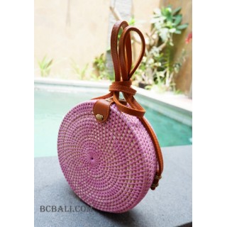 straw synthetic rattan circle bag color pink